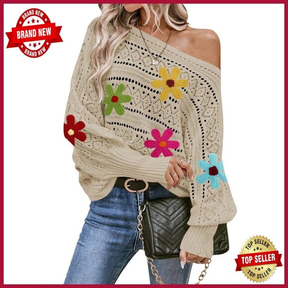 Sweaters - Oversized Off Shoulder Knit Sweater Batwing Sleeve Crochet Pullover